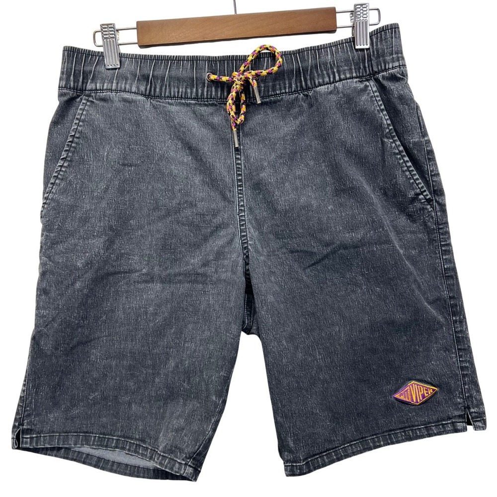 Pit Viper Mens Shorts Size M Black Faded Denim Elastic Waist Drawstring Logo